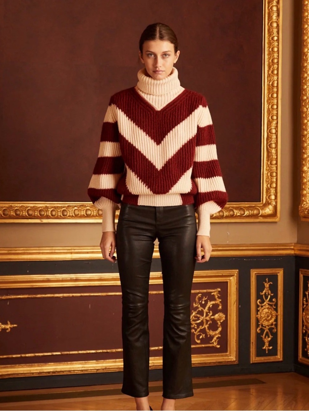 Forte_forte Turtleneck Chevron Stripe Sweater in Burgundy and Cream